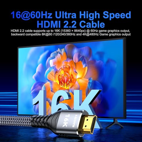 16K 8K 4K HDMI Cable 2.2 3.3ft, 96Gbps Ultra High Speed Braided HDMI 2.1 Cable, HDMI to HDMI Cable Supports 8K 4K 240Hz 144Hz 120Hz HDR eARC HDCP 2.2&2.3, Compatible HDTV Monitor Soundbar Xbox PS5/4 - size: 3.3 ft