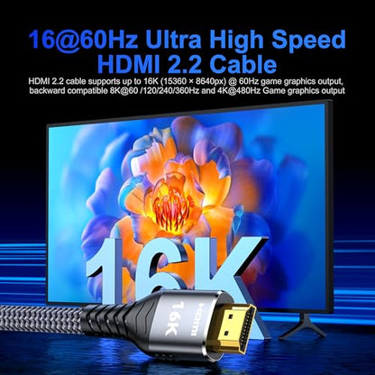 16K 8K 4K HDMI Cable 2.2 3.3ft, 96Gbps Ultra High Speed Braided HDMI 2.1 Cable, HDMI to HDMI Cable Supports 8K 4K 240Hz 144Hz 120Hz HDR eARC HDCP 2.2&2.3, Compatible HDTV Monitor Soundbar Xbox PS5/4 - size: 3.3 ft
