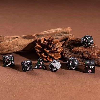 UDIXI Black Metal Dice Set D&D, 7PCS Flower Metal DND Dice Set for RPG | Pink Flower, Metal Case Packaging, Heavy Metal Dice, D&D Gift, for Dungeons and Dragons Role Playing Games Tabletop Games - color: Flower/Blackwhite