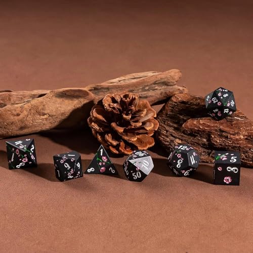 UDIXI Black Metal Dice Set D&D, 7PCS Flower Metal DND Dice Set for RPG | Pink Flower, Metal Case Packaging, Heavy Metal Dice, D&D Gift, for Dungeons and Dragons Role Playing Games Tabletop Games - color: Black-white