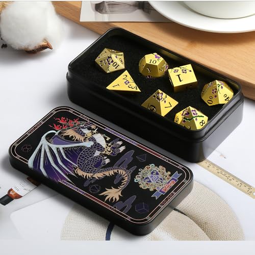 DNDND Metal Dice Set, 7 PCS Metallic Flowers DND Dice with Gorgeous Gift Case for D&D Dungeons and Dragon Tabletop Game (Purple Flowers with Gold) - color: Flower Gold Purple