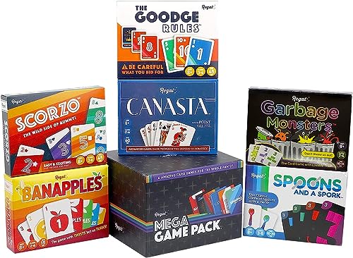 Regal Games Fun Card Games Set for Adults - Canasta, Spoons and a Spork, Garbage Monsters, ScorZo, The Goodge Rules, and Banapples Decks - Fun & Travel Playing Cards for Family Game Night - size: All 6 Games