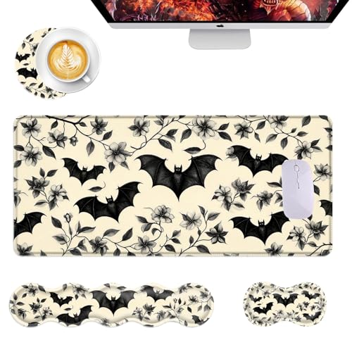 Mouse Pad,Large Desk Mat Set, 4in1 XL Mousepad + Keyboard Wrist Rest+Mouse Wrist Rest+Coaster with Ergonomic Desk Pad for Home Office Table Computer Cover -Floral Bats Pattern - color: Floral Bats Pattern