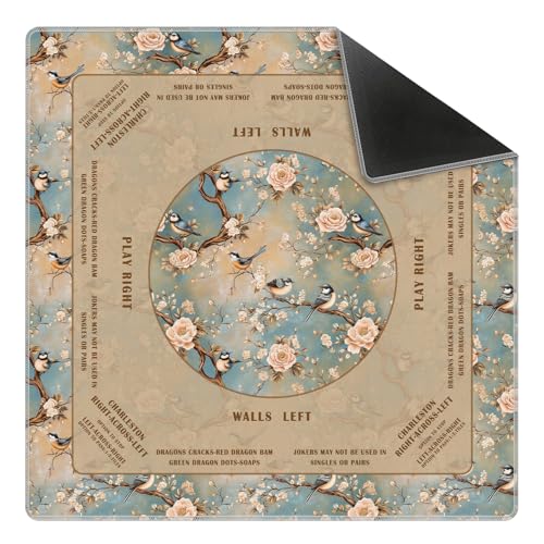 Vintage Blue Chinoiserie Bird Floral Mahjong Mat 31.5 x 31.5 in, Traditional Chinese Non-Slip Noise Reduction Gaming Mat for Table American Mahjong Poker Board Games Card Games Dominoes - color: Mahjong Mat With Brown Branches and Blue-bellied Birds