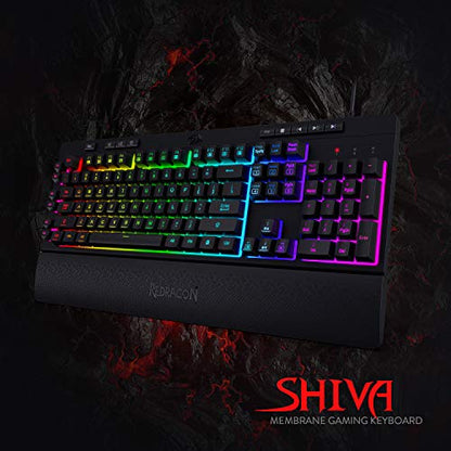 Redragon K512 Shiva RGB Backlit Membrane Gaming Keyboard with Multimedia Keys, Quiet Mechanical Feeling Keyboard, 6 Extra On-Board Macro Keys, Dedicated Media Control, Detachable Wrist Rest - color: Black