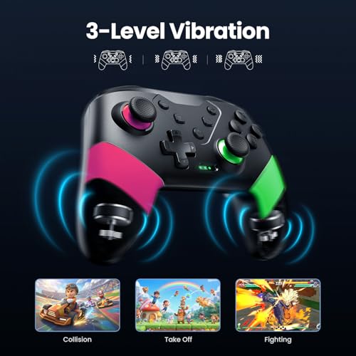 VOYEE Switch Controllers Compatible with Switch/Lite/OLED, Programming Wireless Pro Controller with Motion Control, Vibration, Wake-up, Turbo, Screenshot - color: Pink+Green