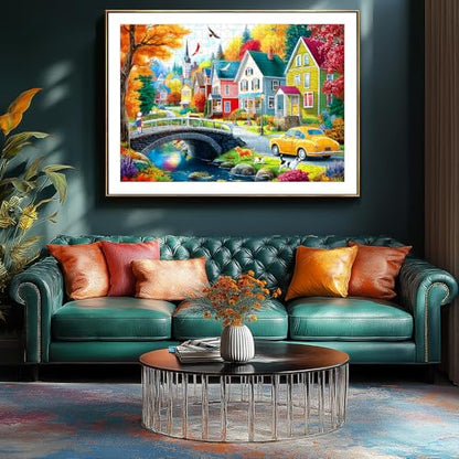 MINIWAN Cozy Autumn Small Town River Puzzles for Adults 1000 Pieces, Colorful Fall Village Houses Bridge Dog Jigsaw Puzzle, Gift for Landscape & Countryside Lovers 27.5x19.7 Inch - color: Autumn Village