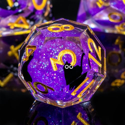 Roycevon Resin DND Dice Set with Gift Box, 7Pcs Liquid Core Cat D&D Dice, Cute Dungeons Dragons D and D Dice, Sharp Edge Role Playing Game Dice D20 D12 D10 D8 D6 D4, Purple - color: Purple