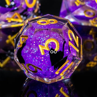 Roycevon Resin DND Dice Set with Gift Box, 7Pcs Liquid Core Cat D&D Dice, Cute Dungeons Dragons D and D Dice, Sharp Edge Role Playing Game Dice D20 D12 D10 D8 D6 D4, Purple - color: Purple