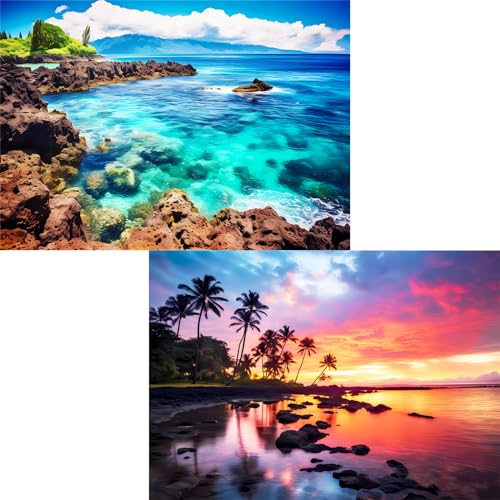 2 Pack 1000 Piece Puzzles for Adults - Beach, Coconut Tree, Reef Landscape Jigsaw Puzzles - 2000 Pieces Total - color: Beach Coconuttree Reef