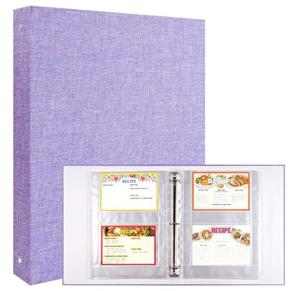 A4 3 Ring Binder Recipe Card Holder Book with 30 Pack 4x6 Inch Recipe Card Protector Pages, Linen Hardcover Organization Book for Recipe Cards，120 Top Loading Pockets - color: Purple Recipe Card Book