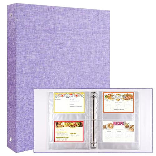 A4 3 Ring Binder Recipe Card Holder Book with 30 Pack 4x6 Inch Recipe Card Protector Pages, Linen Hardcover Organization Book for Recipe Cards，120 Top Loading Pockets - color: Purple Recipe Card Book