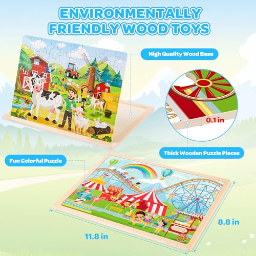 6-Pack Wooden Puzzles for Kids Ages 3-5, 60-Piece Animals Jigsaw Set | Toddler Puzzles Ages 3-5, Preschool Puzzles with Wooden Jigsaw Boards for Fine Motor Skills, Shape Recognition and Travel - style: Animals