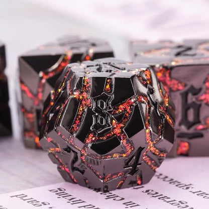 Cracked Rune Metal Dice Set for DND & RPG – Dark Fantasy Fractured Design, Premium Heavy Metal Polyhedral Dice with Deep Engraved Numbers, 7-Piece Set – Red Infernal Vein - color: Matte Black Red