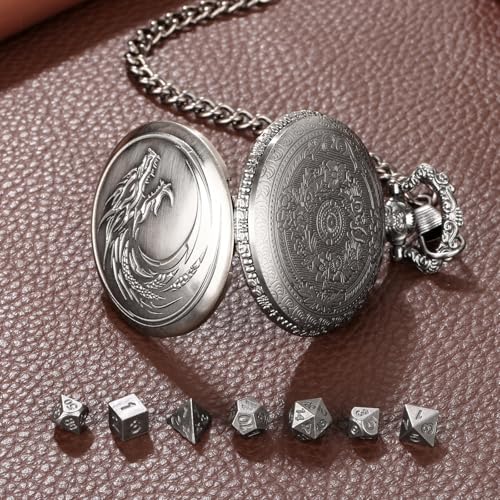 Mini DND Dice Set with Steampunk Dragon Head Totem Pocket Watch Case, Tiny 7PCS Polyhedral Metal D&D Dice, DND Gifts with Gift Box, Role Playing Game Board Game Accessories Dice, Dark Silver - color: Dark Silver