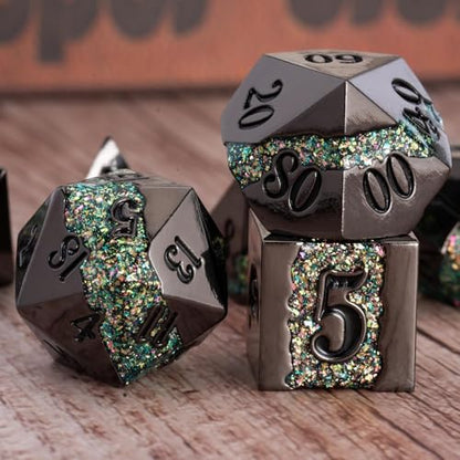 Metal DND Dice Set, 7PCS Polyhedral Metal Dice with Galaxy Glitter Inlay, Heavy RPG Dice Set for Dungeons and Dragons, Pathfinder Tabletop Games - color: Black Nickel Green