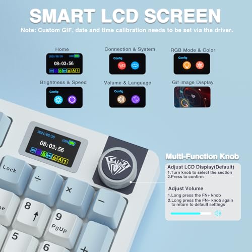 AULA S98 Pro Wireless Mechanical Keyboard,Smart Screen & Knob,Tri-Mode BT5.0/USB-C/2.4GHz Creamy Keyboard,Pre-lubed Linear Switches,Hot Swappable RGB Backlit Computer Gaming Keyboards - color: White&Blue
