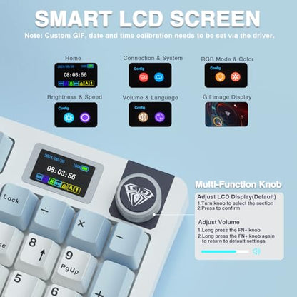 AULA S98 Pro Wireless Mechanical Keyboard,Smart Screen & Knob,Tri-Mode BT5.0/USB-C/2.4GHz Creamy Keyboard,Pre-lubed Linear Switches,Hot Swappable RGB Backlit Computer Gaming Keyboards - color: White&Blue
