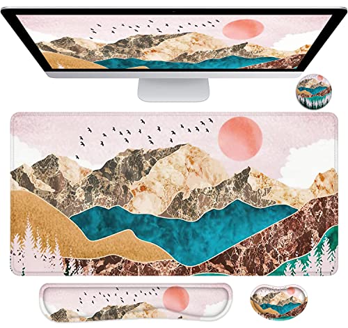 LATEEFAH Large Mouse Pad and Keyboard Wrist Rest, Desk Pad for Keyboard and Mouse, Extended Gaming Mouse Pad with Wrist Support, Waterproof Non-Slip Desk Mouse Mat for Office, Home - color: 4pcs-Art Mountains