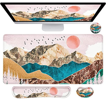 LATEEFAH Large Mouse Pad and Keyboard Wrist Rest, Desk Pad for Keyboard and Mouse, Extended Gaming Mouse Pad with Wrist Support, Waterproof Non-Slip Desk Mouse Mat for Office, Home - color: 4pcs-Art Mountains