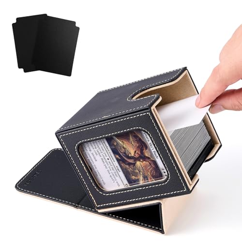 MTG Deck Box with Commander Display (Black&Pale Gold, 1 window) | Holds 120 Single/100 Double-Sleeved Cards, Fit MTG/PTCG/OPTCG Cards, Strong Magnet, PU Leather, With 2 Dividers & 1 Toploader - color: Black and Pale Gold