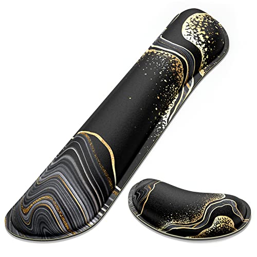 Dapesuom Enlarge Keyboard Wrist Rest, Memory Foam Wrist Cushion for Desk Mats Support, Marble Pain Relief Keyboard Mouse Pad Rests Set with Non-Slip Base for Gaming Laptop Office Computer, Black Gold - color: Black Gold Marble