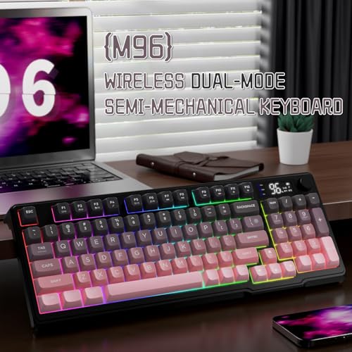 LexonElec M96 Wireless Keyboard, Low Profile Quiet Typing Membrane Gaming Keyboard with Smart Display & Knob, RGB Backlit, USB C Rechargeable, 94 Keys PBT Keycap for Windows PC, Mac, Linux-BlackBerry - color: Blackberry