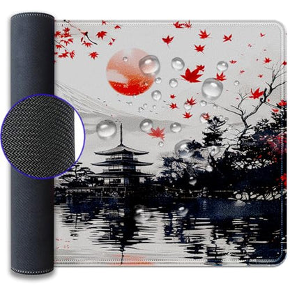 Mount Fuji Mouse Pad Desk Pad, 27.5x11.8 in Japanese Style Mouse Pad Extended Keyboard Mousepad with Stitched Edges, Waterproof Non-Slip Rubber Base for Office Computer Laptop Home - color: Red maple leaves and Mount Fuji