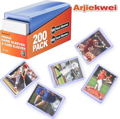 200 Pack Card Sleeves Hard Plastic, Arjiekwei 3"X 4" Baseball Cards Protectors Plastic, Premium Card Holder for Trading Sports Baseball Football Game Cards (100 Hard + 100 Soft) - size: 100 Hard Sleeves + 100 Soft Sleeves