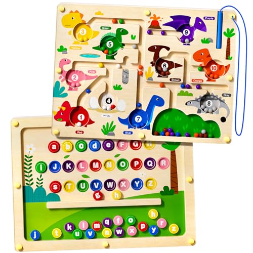 2 in 1 Magnetic Color and Number Maze Double-Sided ABC Alphabet Puzzles Board Magnet Dinosaur Counting Maze Preschool Learning Montessori Education 3 4 5 Years Toys (Multicolored, One Size) - color: Multicolored