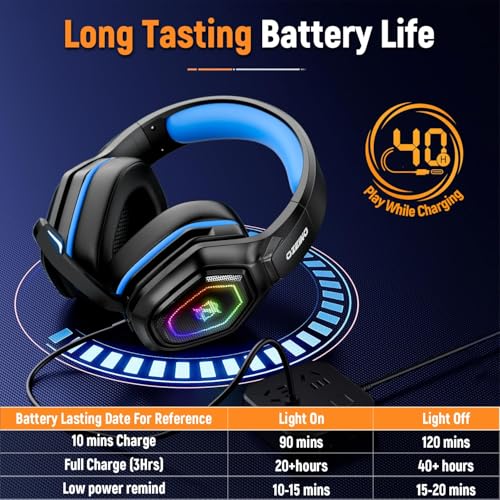 Ozeino 2.4GHz Gaming Headset Wireless with Flip Mic for Ps5, Ps4, PC, Gaming Headphones with RGB Light, 40Hr Battery Bluetooth Headset for Laptop, Mobile, Mac - color: Blue