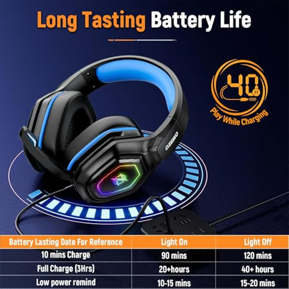 Ozeino 2.4GHz Gaming Headset Wireless with Flip Mic for Ps5, Ps4, PC, Gaming Headphones with RGB Light, 40Hr Battery Bluetooth Headset for Laptop, Mobile, Mac - color: Blue