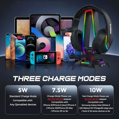 MARVO RGB Headphone Stand Data Transmission, 9 Lights Mode Headset Holder with 1 USB-C & 3 USB Ports & 1 3.5mm Jack Port, Ultimate Gaming Accessories for Gamers for PS, Xbox, PC