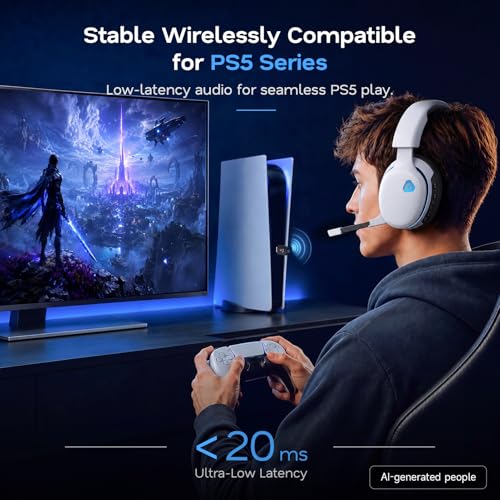 AOC 2.4GHz Wireless Gaming Headset for PS5, PS4 Fortnite & Call of Duty/FPS Gamers, PC, Switch, Bluetooth 6.0 Gaming Headphones with Noise Canceling Mic, 7.1 Virtual Surround, 45Hr Battery -White - color: White