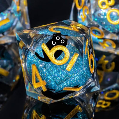 Roycevon Resin DND Dice Set with Gift Box, 7Pcs Liquid Core Cat D&D Dice, Cute Dungeons Dragons D and D Dice, Sharp Edge Role Playing Game Dice D20 D12 D10 D8 D6 D4, Blue Gold - color: Blue Gold
