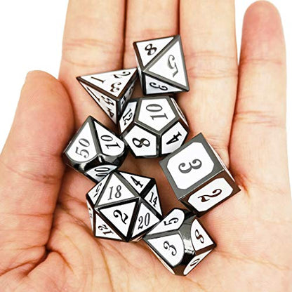 Haxtec 7 Die DND Metal Dice Set D&D 7PCS DND Dice of D20 D12 D10 D8 D6 D4 Compatible with Dungeons and Dragons RPG Games-Glossy Enamel Dice (Black White) - color: Black White