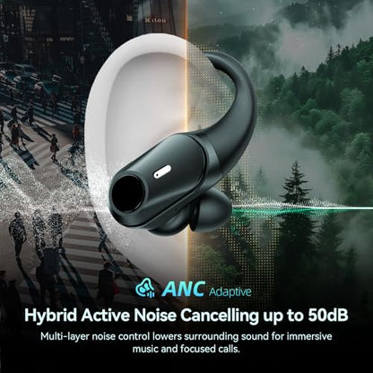 Active Noise Cancelling Ear Buds Wireless Earbuds 80H Playtime Bluetooth Headphones with LED Display Case, Hi-Res Audio Clear Calls Earphones with Over Ear Hooks for Running Gym Workout Travel Black - color: Black