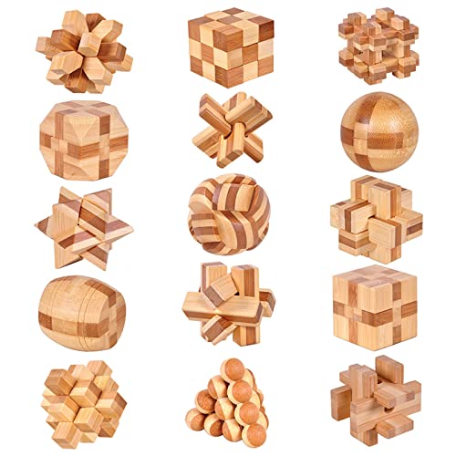 VolksRose 15pcs Wooden Brain Teaser Puzzles, IQ Challenge Puzzle Games, Logic Smart Mind Puzzle Box Lock Toy Removing Assembling 3D Small Puzzle Gift Set for Adults Teenagers Kids, 1.8inch 4.5cm - color: A-15pcs-4.7cm