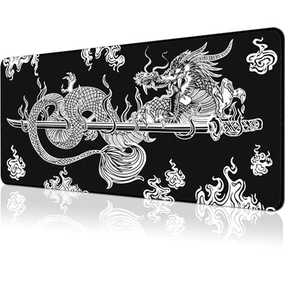 Japanese Dragon Gaming Mouse Pad Large Black Desk Mat, 31.5x11.8in, XL | Extended Big Mousepad, Waterproof Smooth Surface, Non-Slip Rubber Base, Stitched Edges, For Keyboard Mouse, For Home Office - color: Japanese Dragon