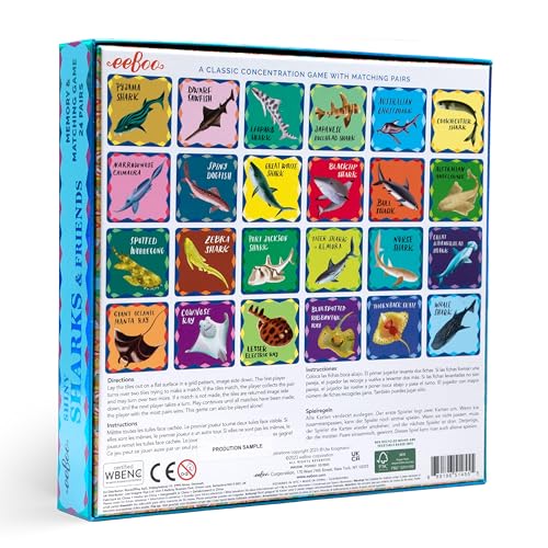 eeBoo Shiny Sharks & Friends Memory & Matching Game, Ages 3+, 1-4 Players | Introduces sharks & marine life. Sharpens recognition, concentration & memory skills. Includes 48 foil tiles, 24 pairs - style: Shiny Sharks & Frinds