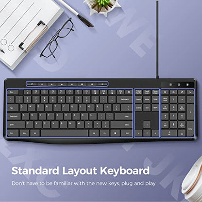 Virfour Wired Keyboard,Quiet Keyboard, Multimedia USB Computer Keyboard, Silent Keyboardwith Low Profile Chiclet Keys,Large Number Pad,Spill-Resistant,Anti-Wear Letters,Full Size for Laptop,Desktop