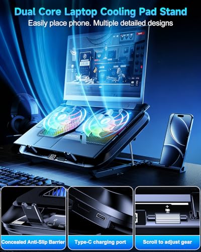 Laptop Cooling Pad with Dual Core Cooler, Gaming Laptop Cooler with 5.5in 2 Powerful Turbofan(9500 RPM), Fast Cooling Laptop 12-21in, 5 Height Stands, 100 Gear Speed, LCD Screen, RGB, Phone Holder