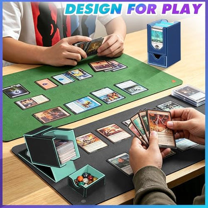 Card Deck Box for MTG Commander, Fits 100+ Double-Sleeved Cards Card Case | with Detachable Dice Tray, 2 Dividers, Removable lid, Trading Card Storage Box, Sturdy and Durable, Fits TCG/PTCG/Sports Card - color: Black and Cyan