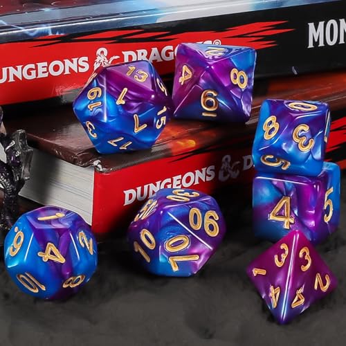 DND Dice Set - QMay 42pcs Polyhedral Dice, 6 Complete Double-Colors D&D Dice Sets with 6 Blue Drawstring Bags for Dungeons and Dragons RPG MTG Table Games - color: 6 Sets-42pcs(blue Bag)