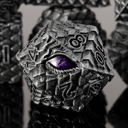 Metal Dice Set D&D,7 PCS Dragon Scale Metallic DND Dice Set,Dragon Eye Metal Dice with Grogeous Gift Case for Dungeons and Dragon Tabletop Game (Old Grey Dragon Scale & Purple Eye) - color: Old Grey Dragon Scale & Purple Eye