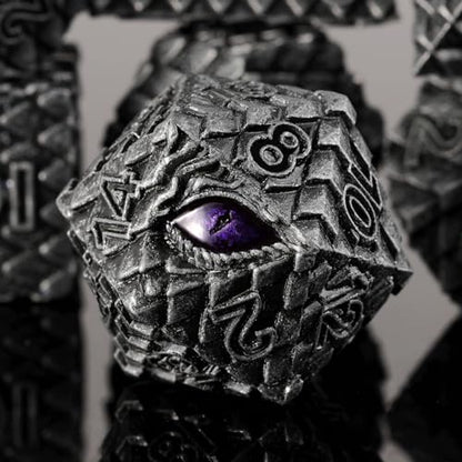 Metal Dice Set D&D,7 PCS Dragon Scale Metallic DND Dice Set,Dragon Eye Metal Dice with Grogeous Gift Case for Dungeons and Dragon Tabletop Game (Old Grey Dragon Scale & Purple Eye) - color: Old Grey Dragon Scale & Purple Eye