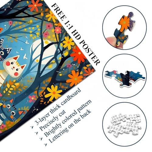 Moonlit Cat Forest Jigsaw Puzzles 1000 Pieces, PICKFORU Colorful Animal Puzzles for Adults, Challenging Unique Art Puzzle