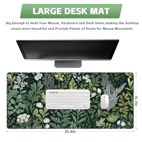 Baziabbo Green Desk Mat,XXL Extended Big Mouse Pad,Gaming Mousepad with Stitched Edge,Non-Slip Rubber Base Keyboard Desk Pad for Home Office Study Game - color: Ferns Flowers