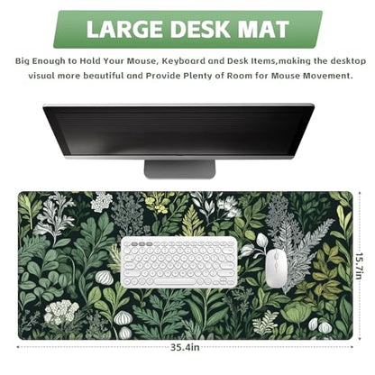 Baziabbo Green Desk Mat,XXL Extended Big Mouse Pad,Gaming Mousepad with Stitched Edge,Non-Slip Rubber Base Keyboard Desk Pad for Home Office Study Game - color: Ferns Flowers