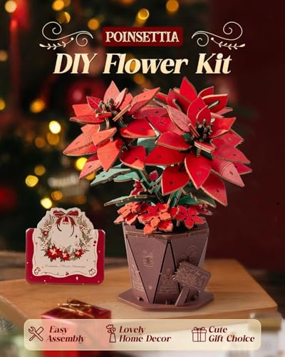 3D Flower Wooden Puzzles for Adults-Poinsettia, DIY Wooden Flowers Model Kit Building Set Crafts Gifts, Artificial Botanical Collection Creative Gift Ideas/Housewarming Celebration(153PCS) - style: Poinsettia